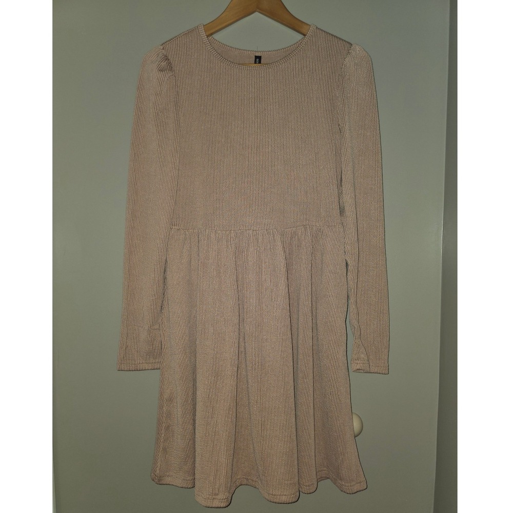 Fashion Pink Ribbed Knit Long Sleeve Babydoll Dress Crew Neck Size Medium NWT